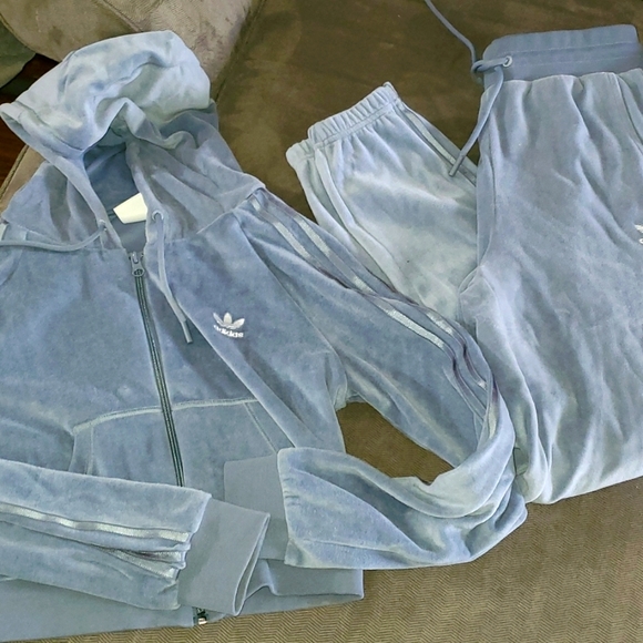 adidas Pants - Adidas powder blue velvet/valor jump suit set